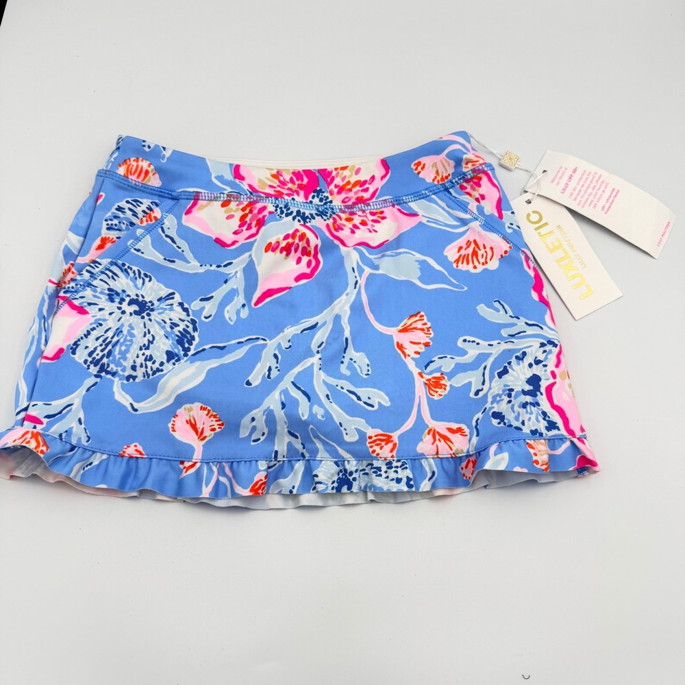 Lilly Pulitzer Luxletic Girls Blue Pink Floral Coral Skort Size M 6-7 UPF 50 NEW